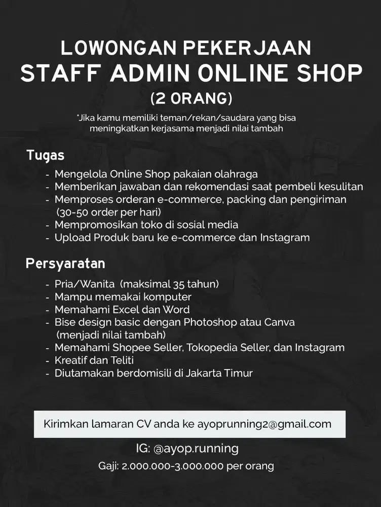 Staff & Admin Online Shop (Datang ke Kantor di Cakung)