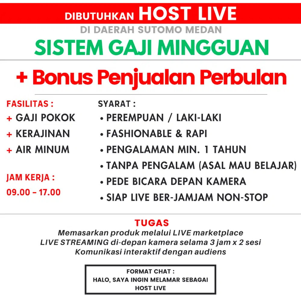 Dibutuhkan Karyawan untuk Live di Online Shop alamt Jalan Sutomo Medan