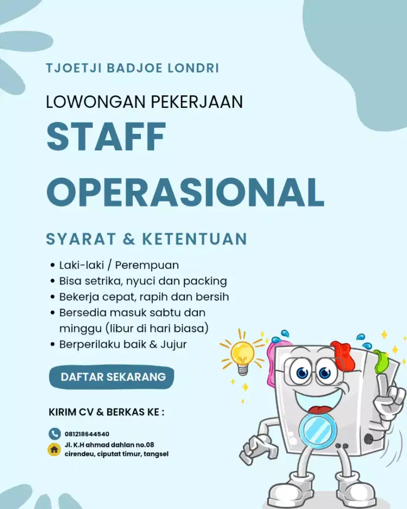 Dibutuhkan Segera Juru Setrika Laundry