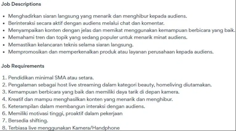 Host  atau Operator Live Streaming Full-Time