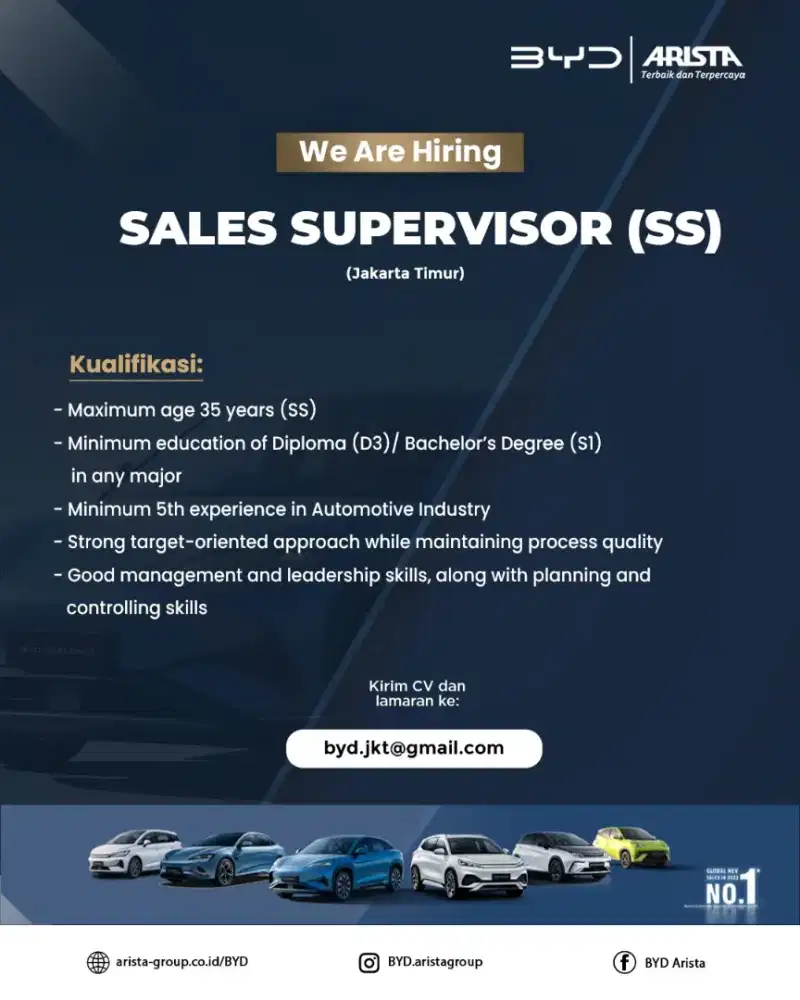 Dibutuhkan Sales Supervisor BYD Arista