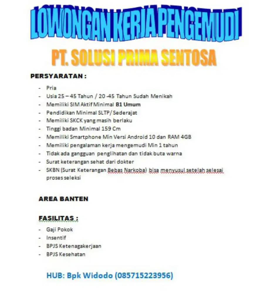 DIBUTUHKAN DRIVER LOGISTIK