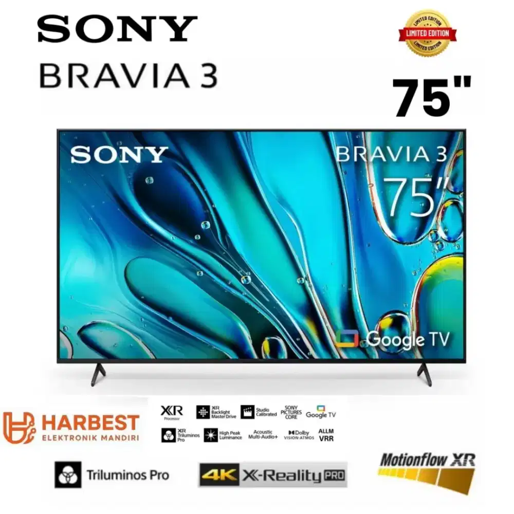 SONY BRAVIA 3 K-75S30 75 Inch 4K Ultra HD Google TV XR GARANSI RESMI