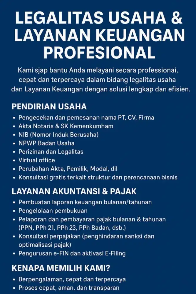 Jasa Dalam Legalitas Usaha & Keuangan Akuntansi Perpajakan