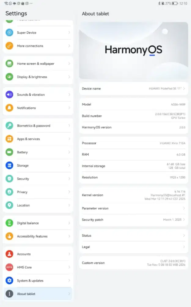 Dijual tab Huawei matepad SE 11 RAM 6 GB