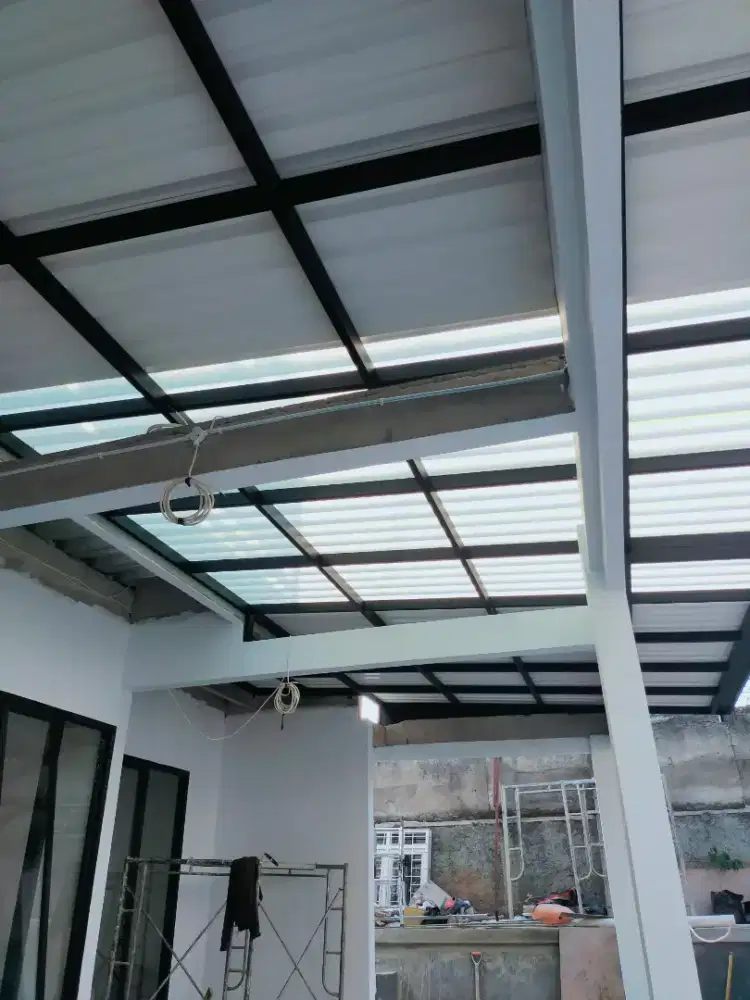 kanopi rangka besi hollow atap alderon dobel layer