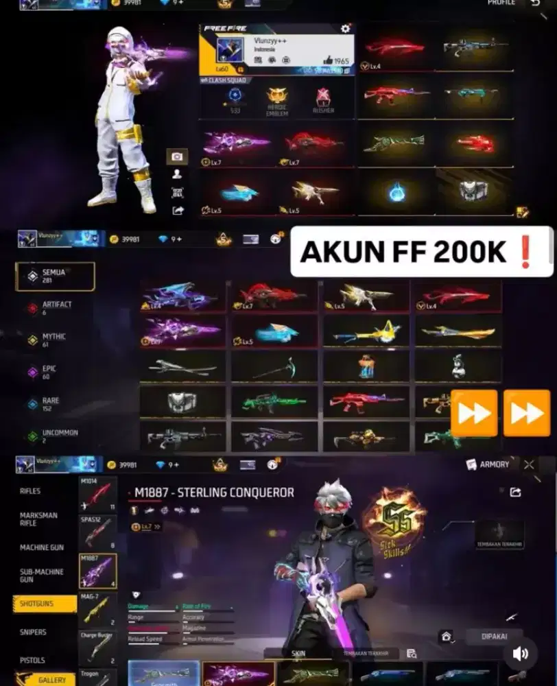 Jual akun ff sultan ful evo gun