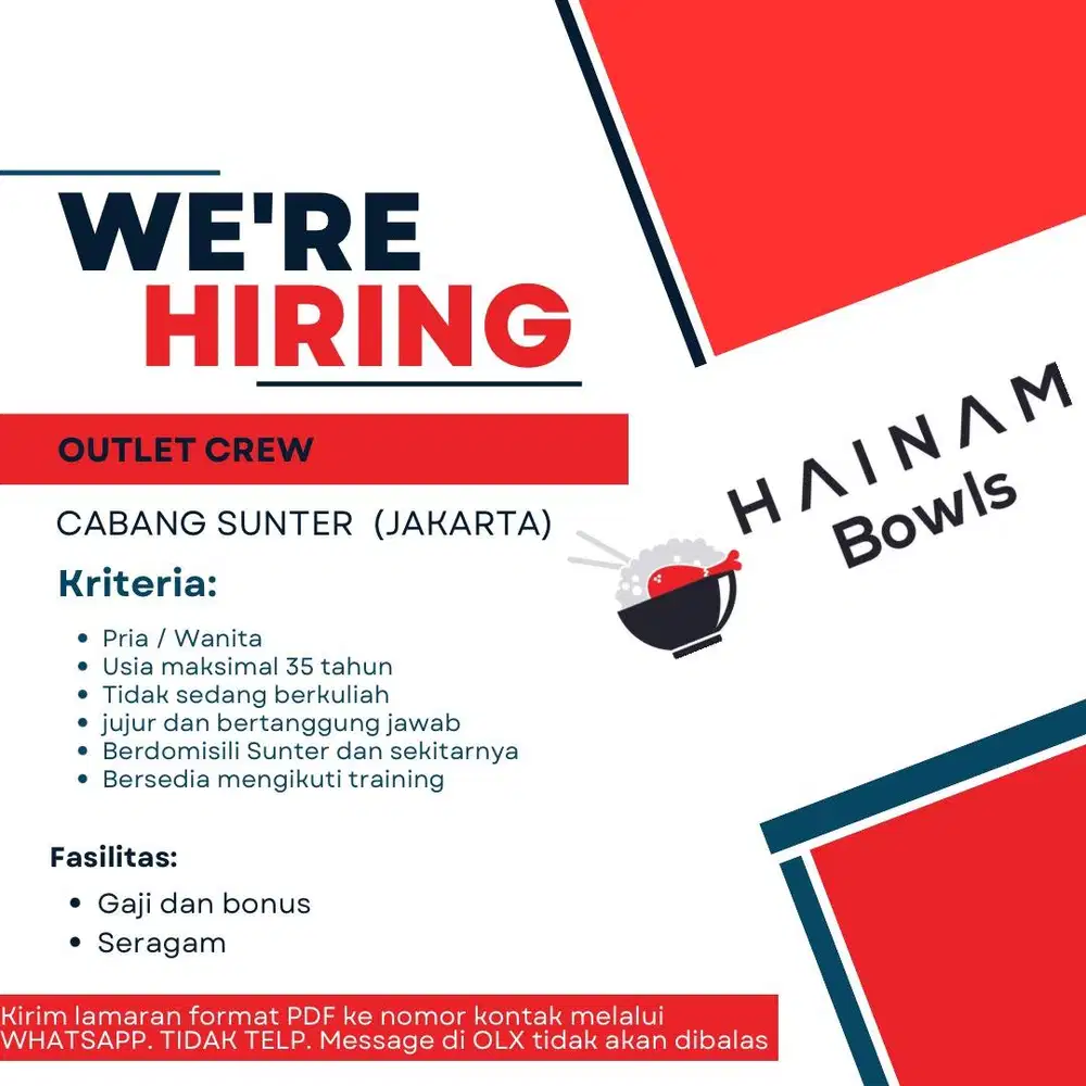 Dicari Crew Outlet / Staf Dapur untuk MEMASAK dan aplikasi online
