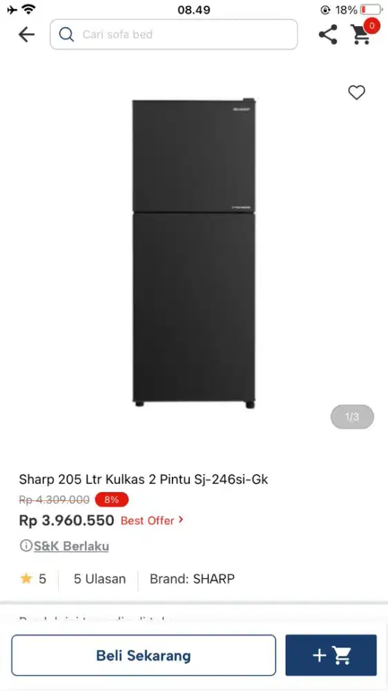 Kulkas sharp 2 pintu 205 Ltr