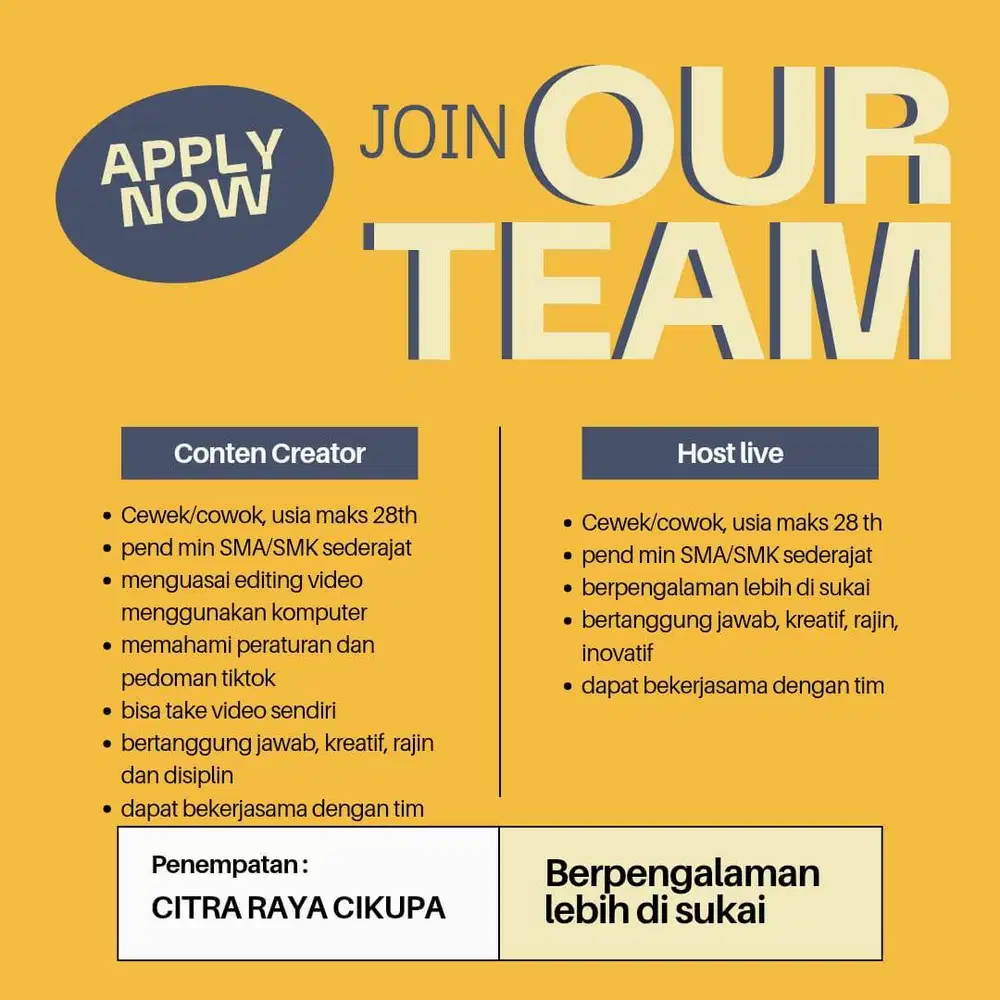 DIBUTUHKAN SEGERA CONTEN CREATOR & HOST LIVE