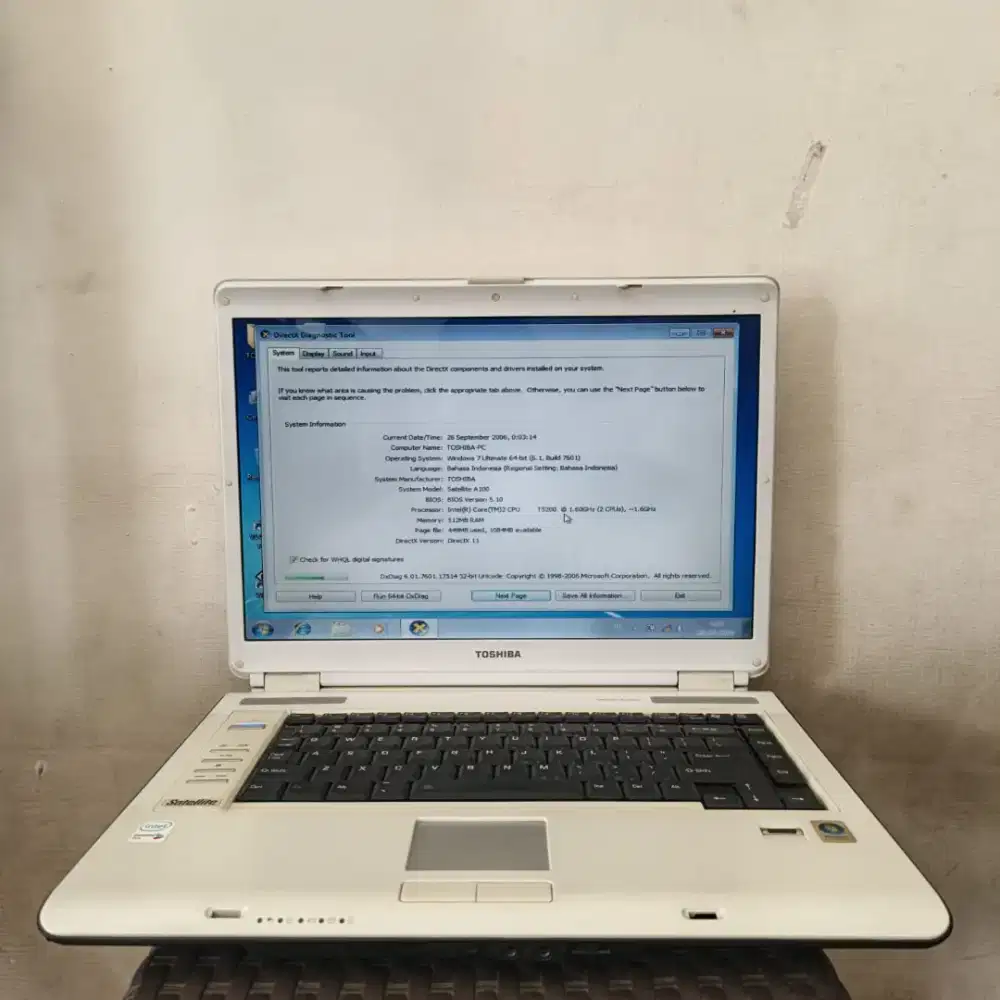 JUAL LAPTOP TOSHIBA SATELITE A100 INTEL CORE 2 RAM512MB HDD500GB,WIN7