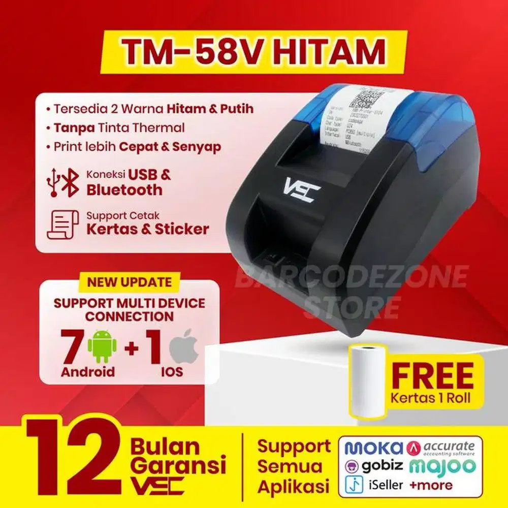 printer kasir bluetooth thermal VSC 58BT 58mm USB cetak nota penjualan