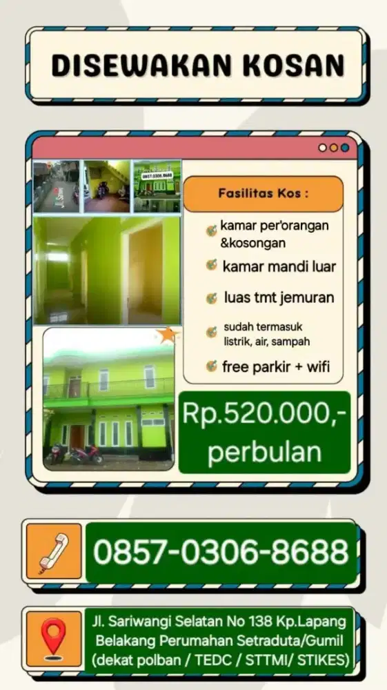 DISEWAKAN KOSAN Rp. 520.000/perbuln (Jl.Sariwangi 100, Parongpong-BDG)