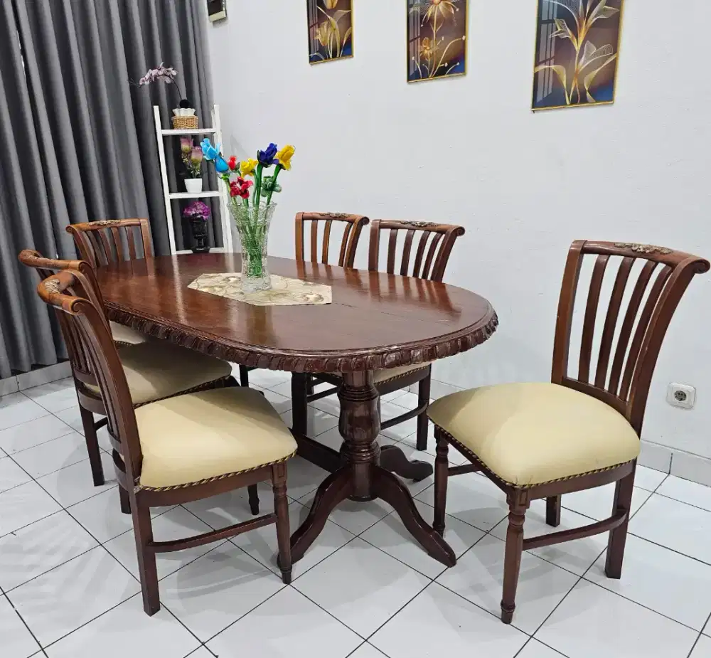 Meja makan jati kursi 6