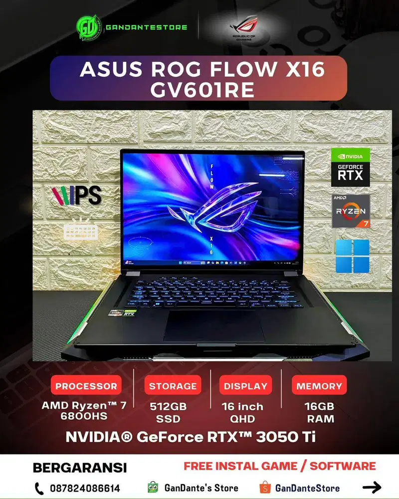 Asus ROG Flow X16 GV601RE Flip Touch Gaming Desain Laptop RTX 3050 Ti