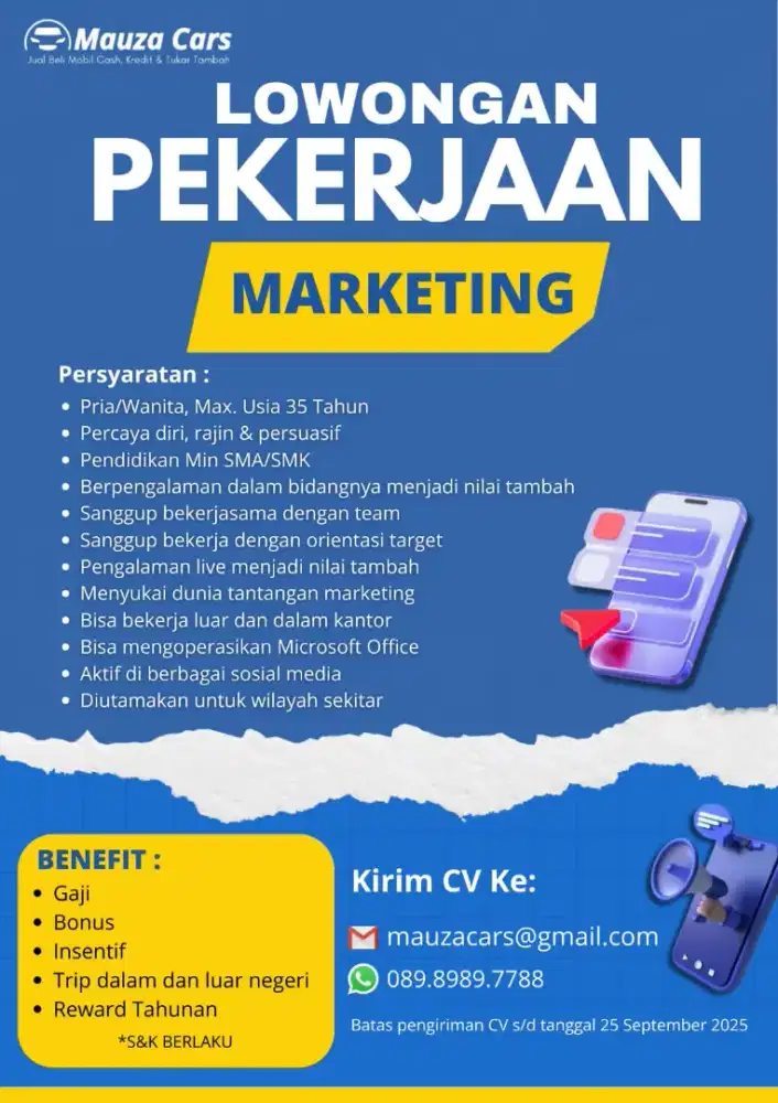 Dibutuhkan Sales & Marketing Showroom Mobil Bekas