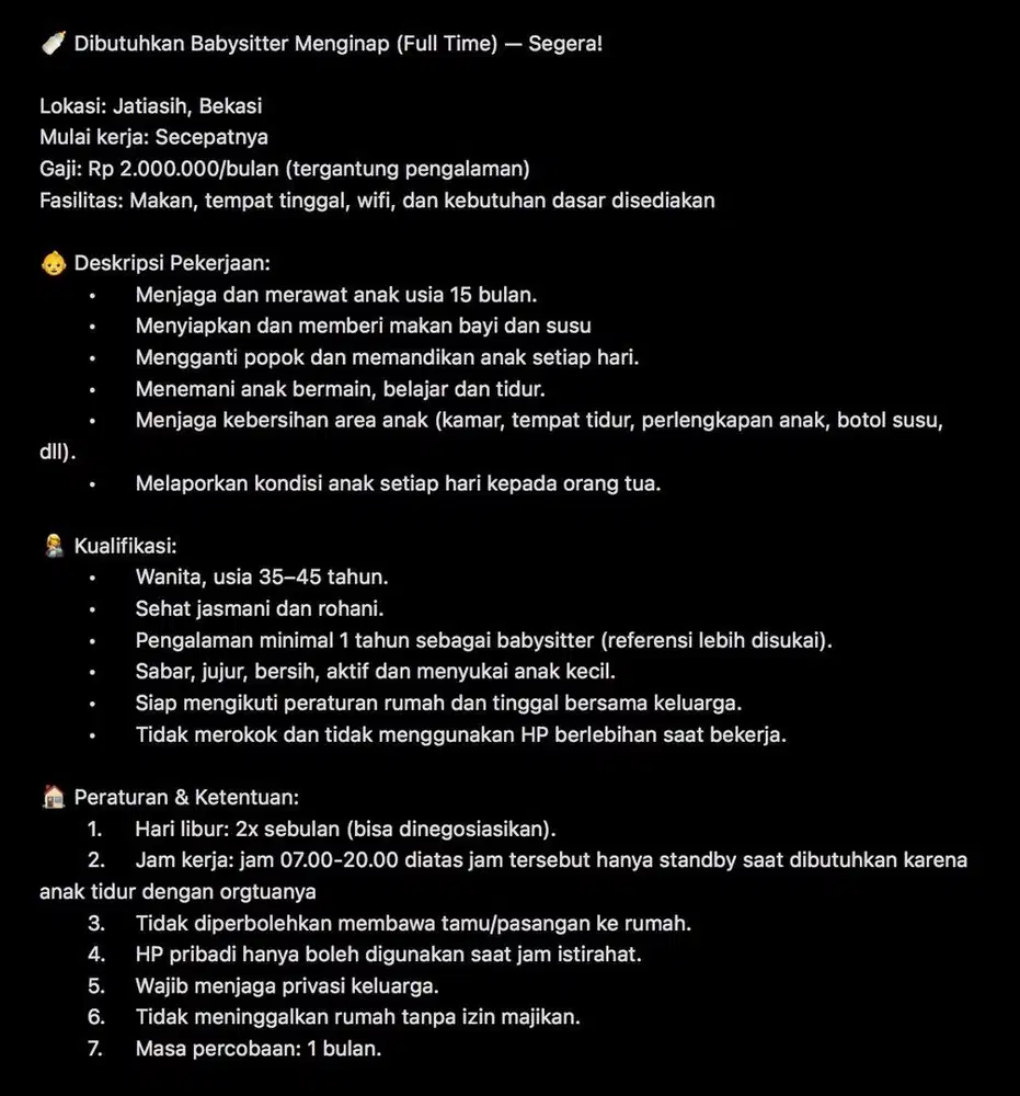 Dibutuhkan Babysitter Menginap (Full Time)