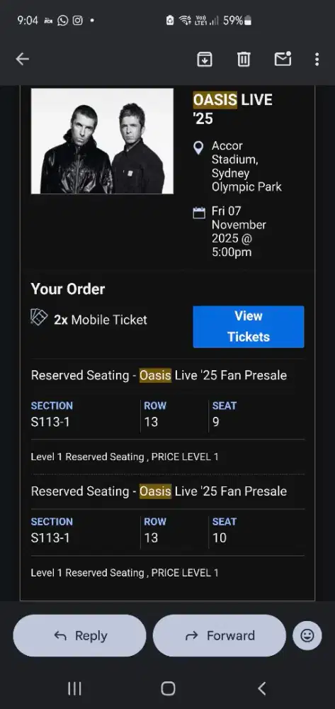 2 oasis ticket sydney 7 november