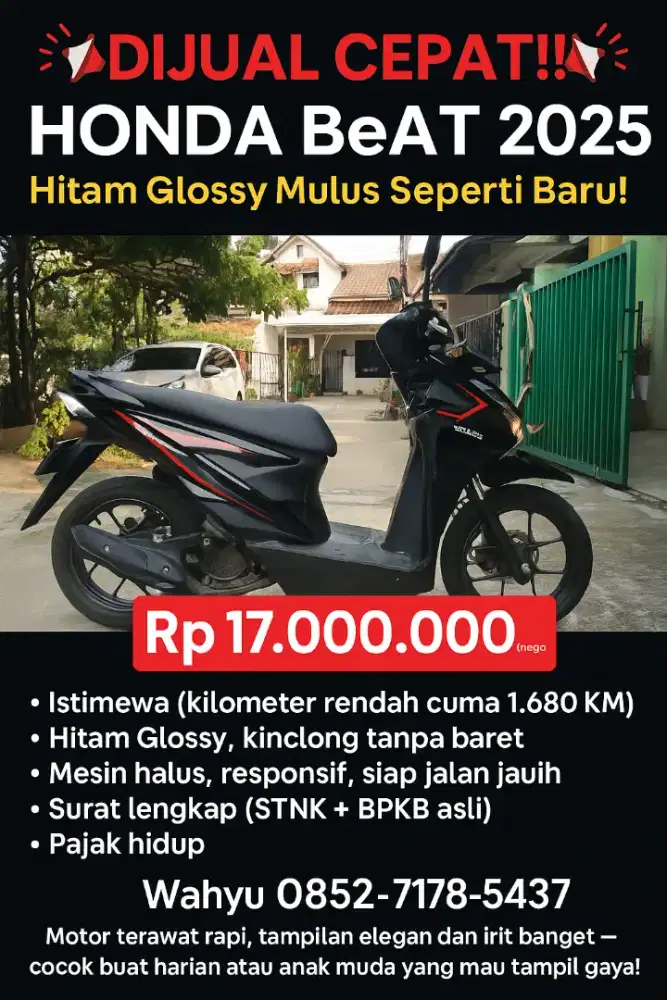 JUAL CEPAT! HONDA BEAT 2025 hitam glosy- KM 1.680 - BISA KREDIT ADIRA!