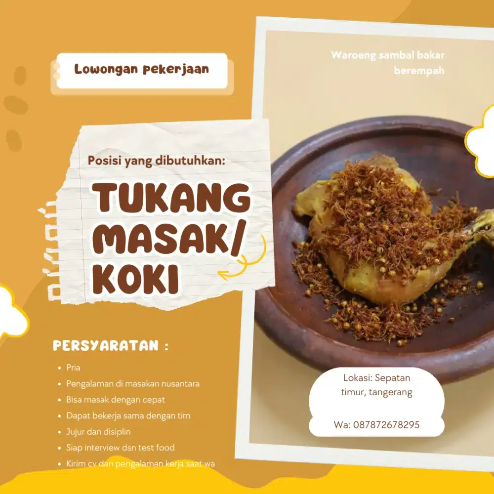 DIBUTUHKAN TUKANG MASAK/KOKI