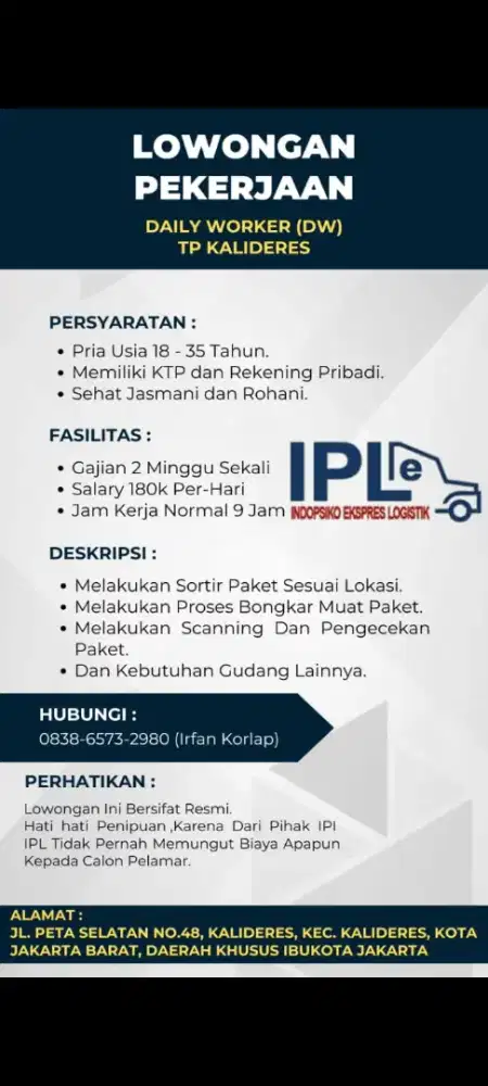lowongan khusus laki' DAILY WORKER atau DW gudang shopee TP kalideres