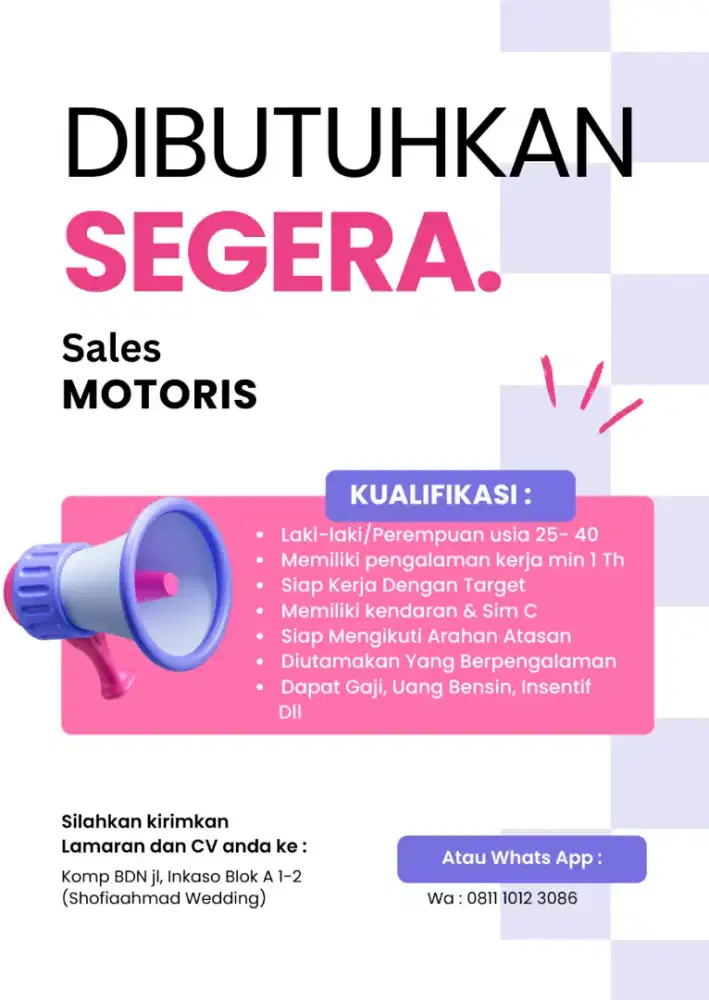 Dibutuhkan 5 Orang Sales Motoris Canvasing