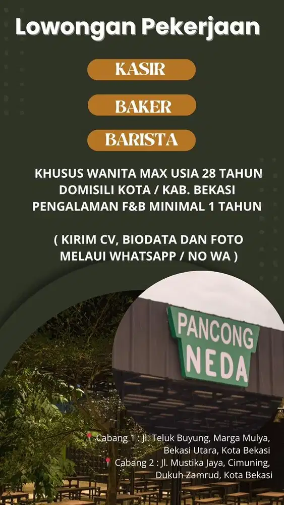 BUTUH SEGERA (KIRIM CV KE NO WA)  : KASIR - BAKER - BAR LOWKER BEKASI