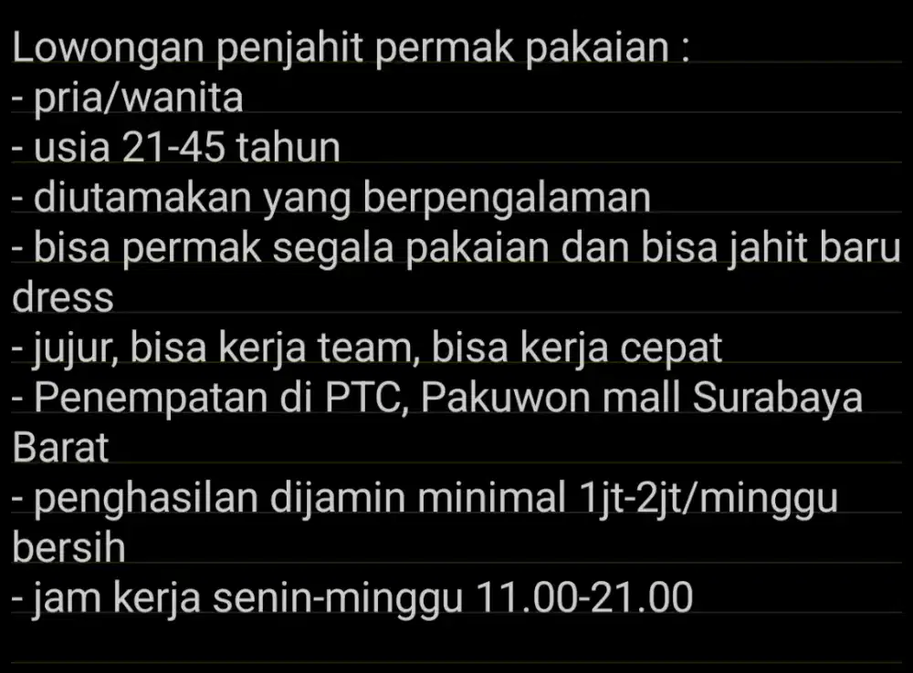 Lowongan penjahit permak dan jahit baru di royal plaza surabaya