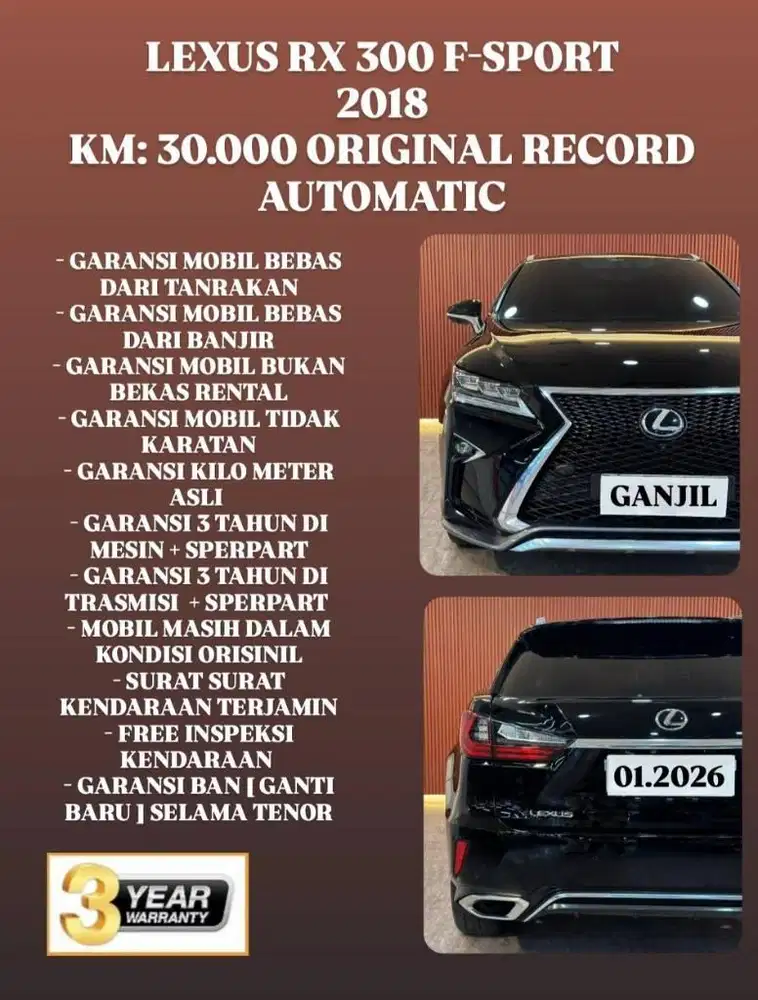 [ GARANSI 3 TAHUN ] LEXUS RX 300 F-SPORT 2.0 AT 2018 MULUS TERAWAT