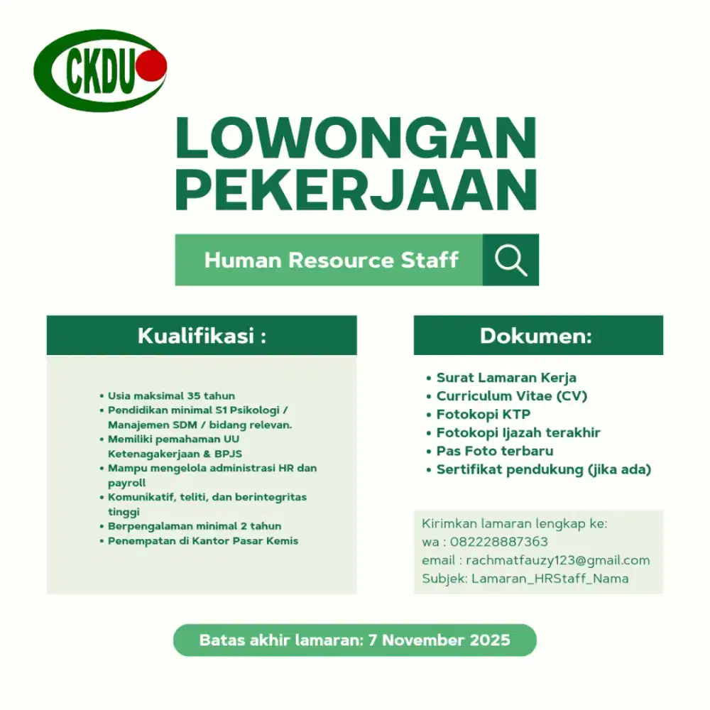 Dibutuhkan segera HR Staff Berpengalaman.
