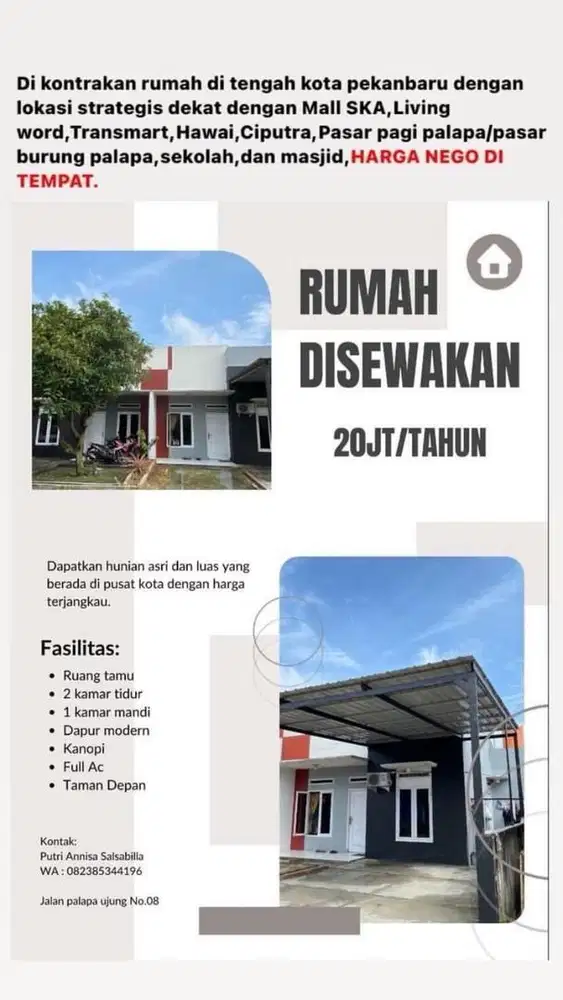 DIKONTRAKAN RUMAH MINIMALIS TENGAH KOTA PEKANBARU
