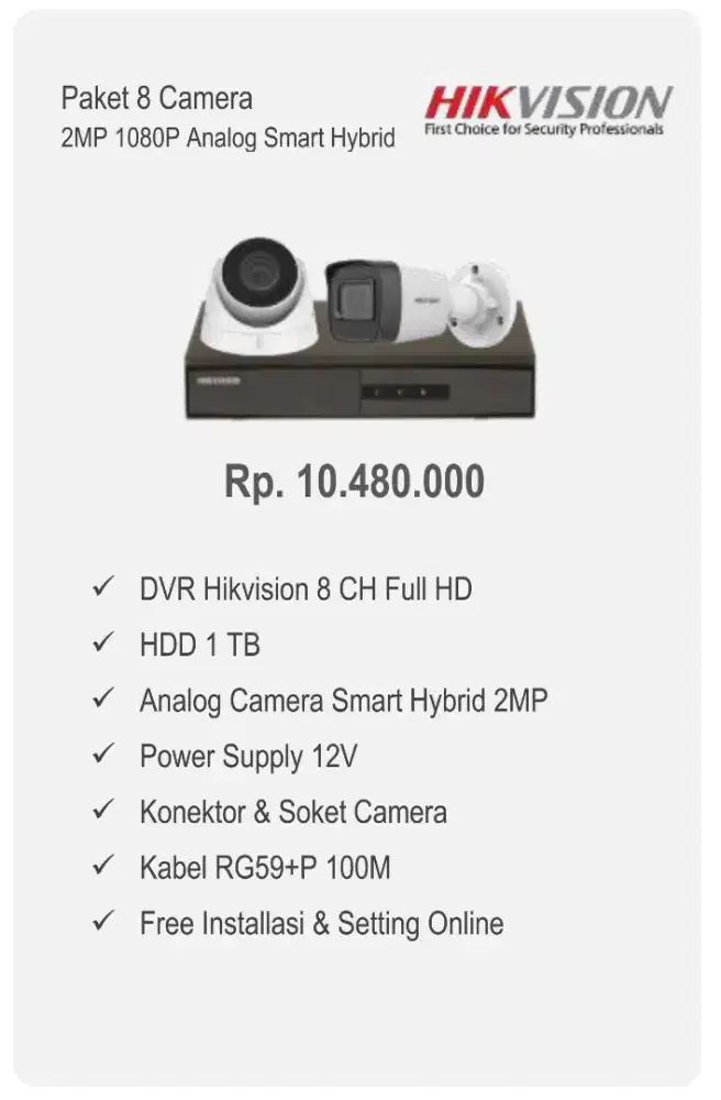 PAKET CCTV 8 CAMERA ANALOG SMART HYBRID HIKVISION 2MP