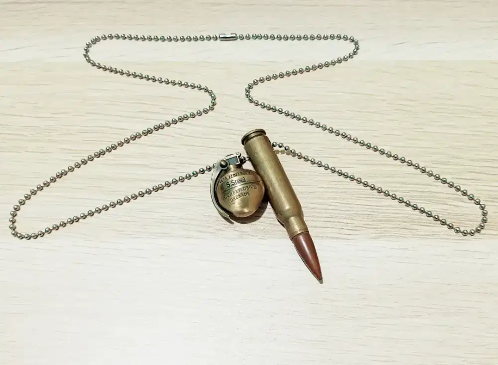 Kalung Army Necklace Real Caliber 7 & Grenade Made in USA Keren Macho