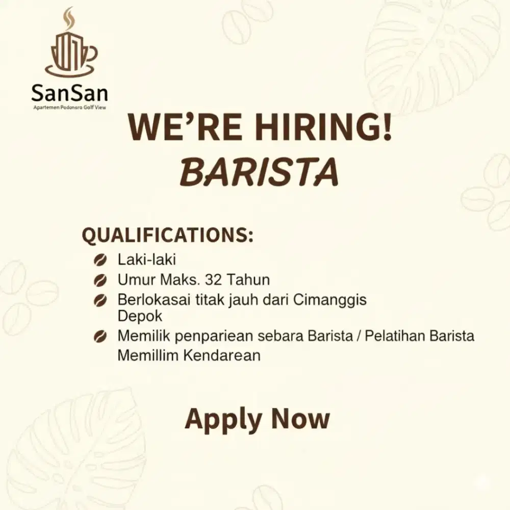 Lowongan Barista untuk penempatan di Cimanggis Depok
