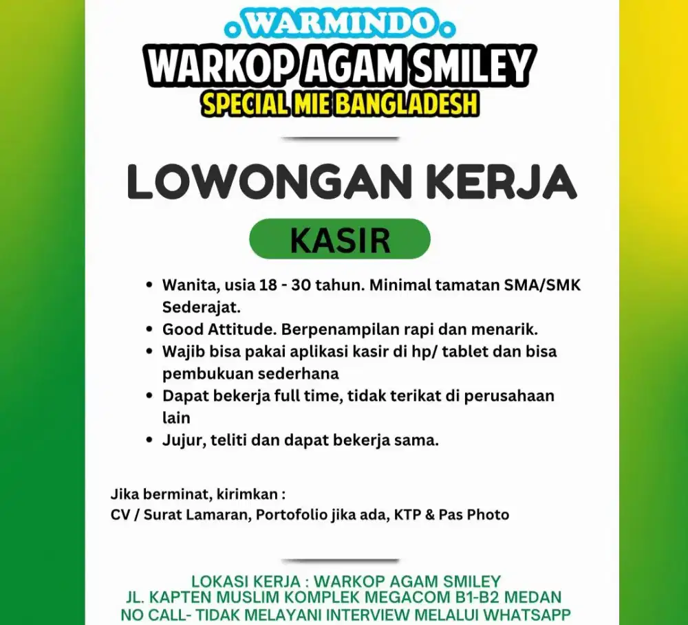 Dibutuhkan kasir untuk di warung kopi agam di helvetia