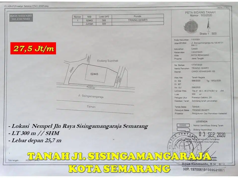 TANAH Jl. SISINGAMANGARAJA KOTA SEMARANG dekat AKPOL Semarang