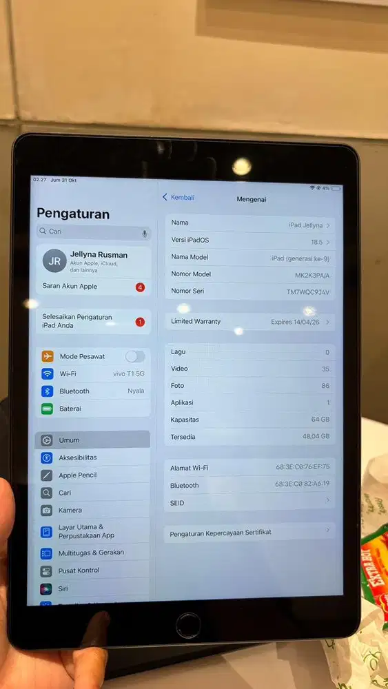 ipad gen 9 64 gb ex ibox wifi masih garansi