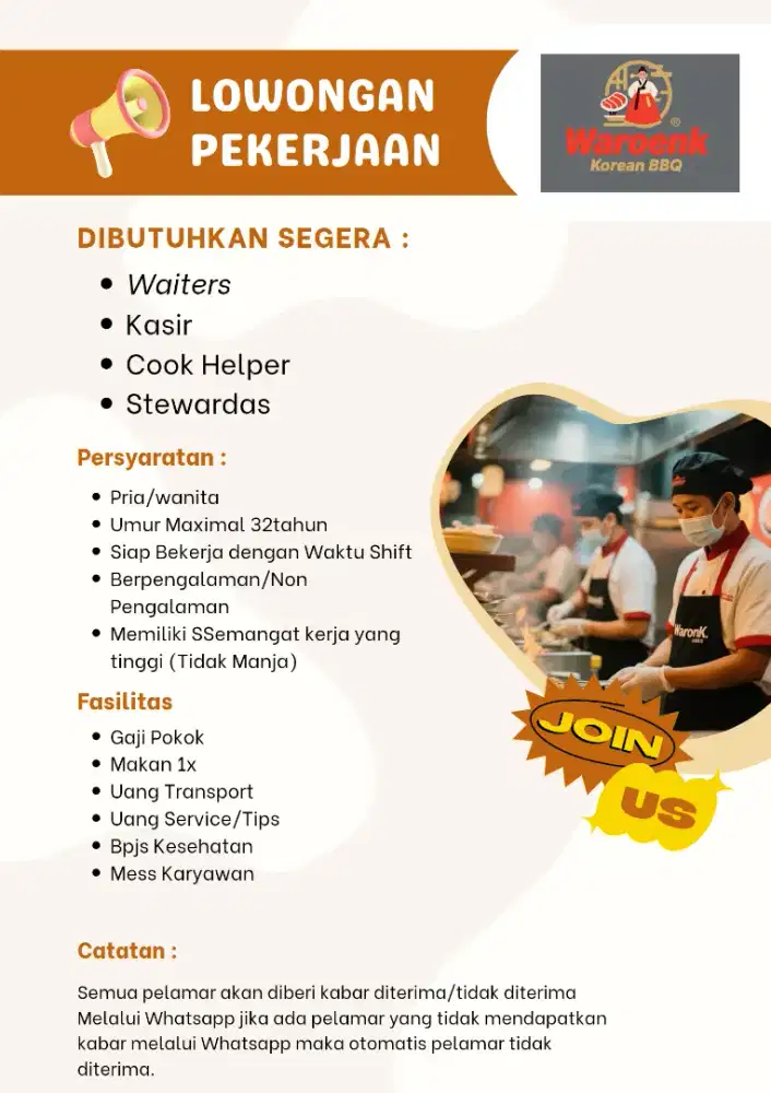 Butuh segera tenaga untuk di resto
