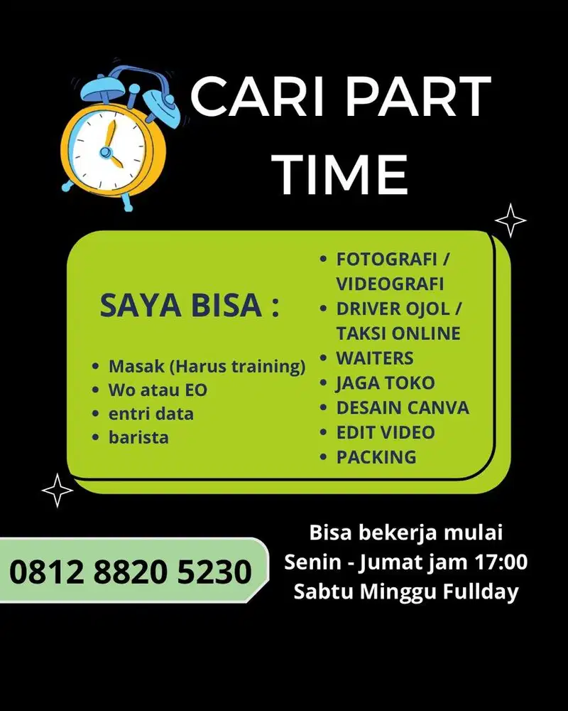 Cari part time yg offline/online yg penting jelas kerjanya