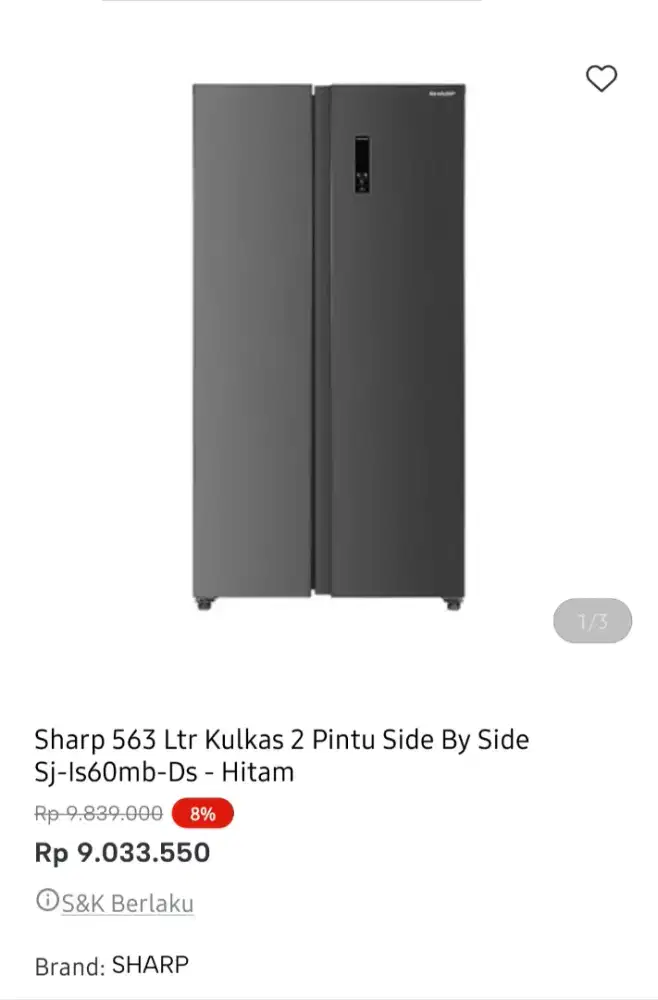 Kulkas side by side Sj is60mb 563 liter