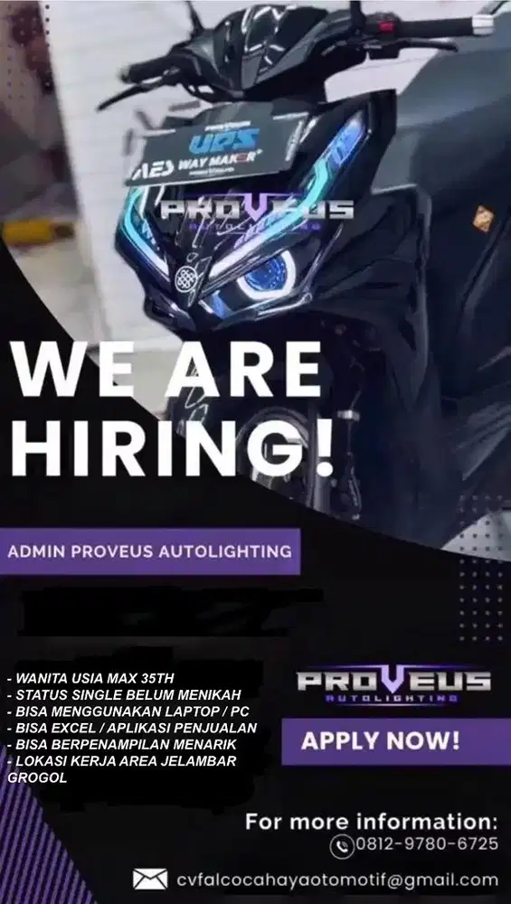 Dicari admin wanita workhsop bengkel aksesoris