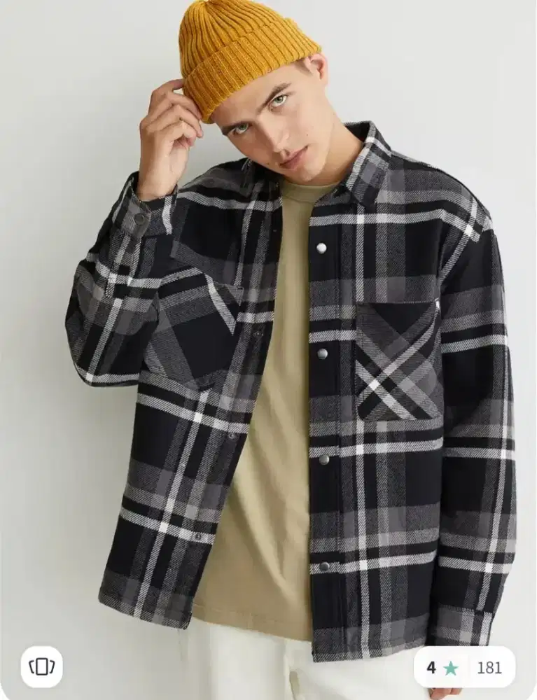 Jaket Flanel Outer Overshirt H&M Black Cotton Padded Shirt Regular Fit