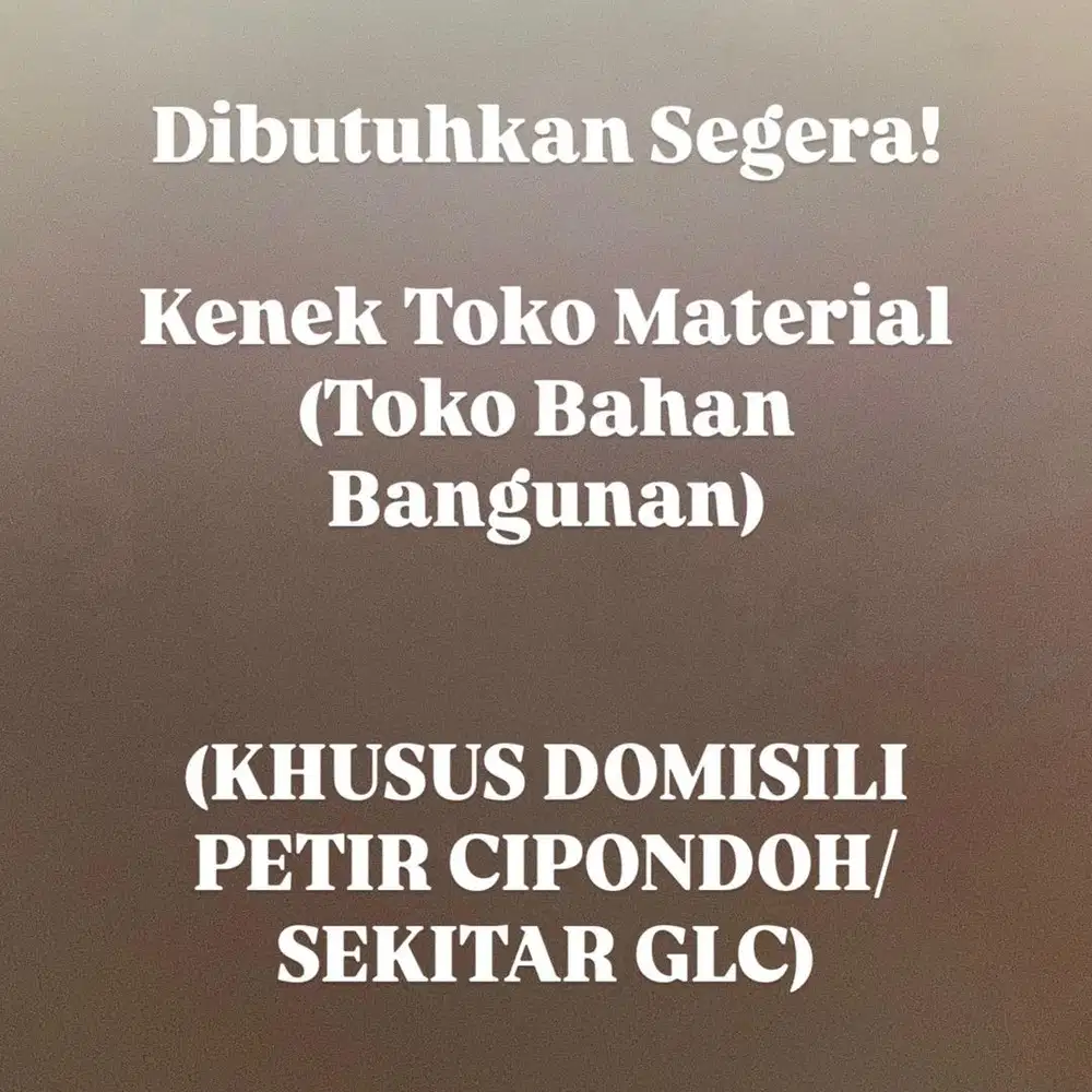 Lowongan Kenek Material (Domisili tinggal di daerah petir/ujung aspal)