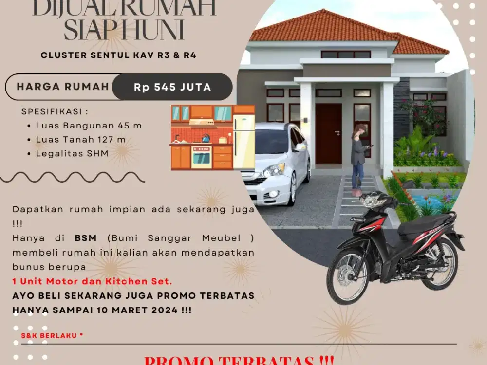 DIJUAL RUMAH MURAH BONUS KITCHEN SET DAN MOTOR TERBATAS,LOK. CINUNUK