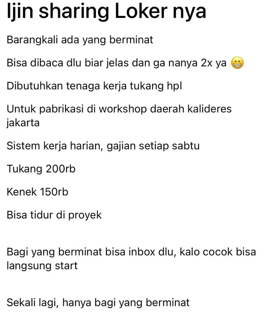 Dibutuhkan tenaga TUKANG HPL MEBEL