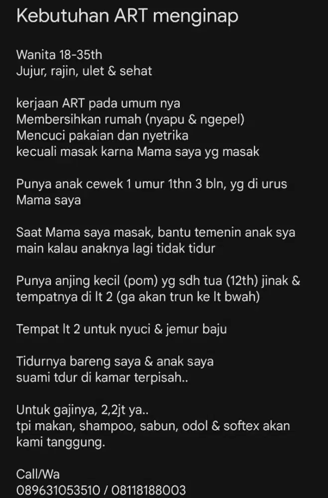 ART / pembantu nginap