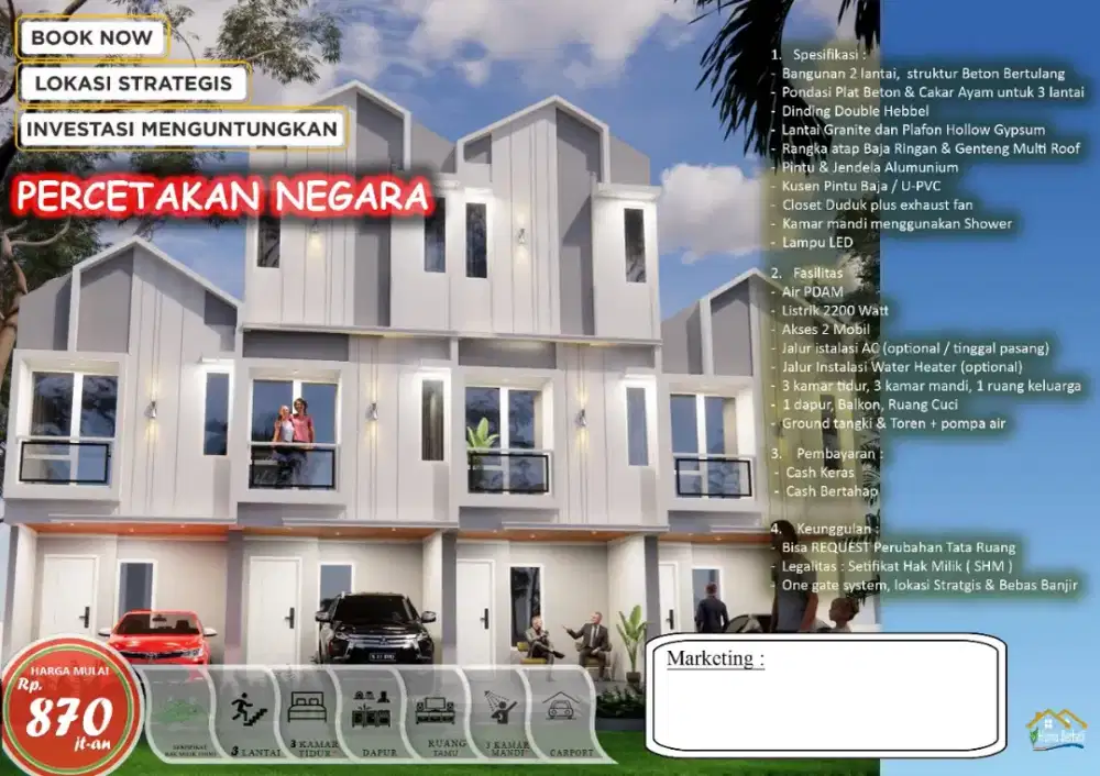 Di jual rumah baru 2- 3 Lantai percetakan  negaraX1  belakang mitra 10