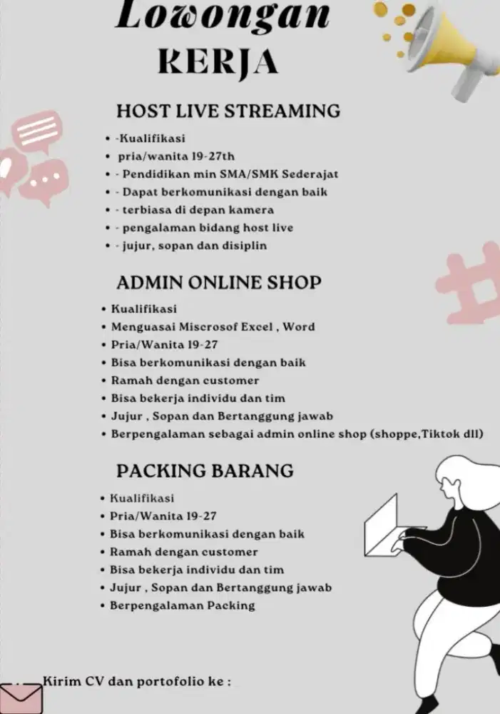 Lowongan pekerjaan host live streming.  Admin online shope dan packing