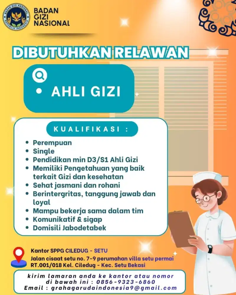 Di butuhkan segera Ahli Gizi
