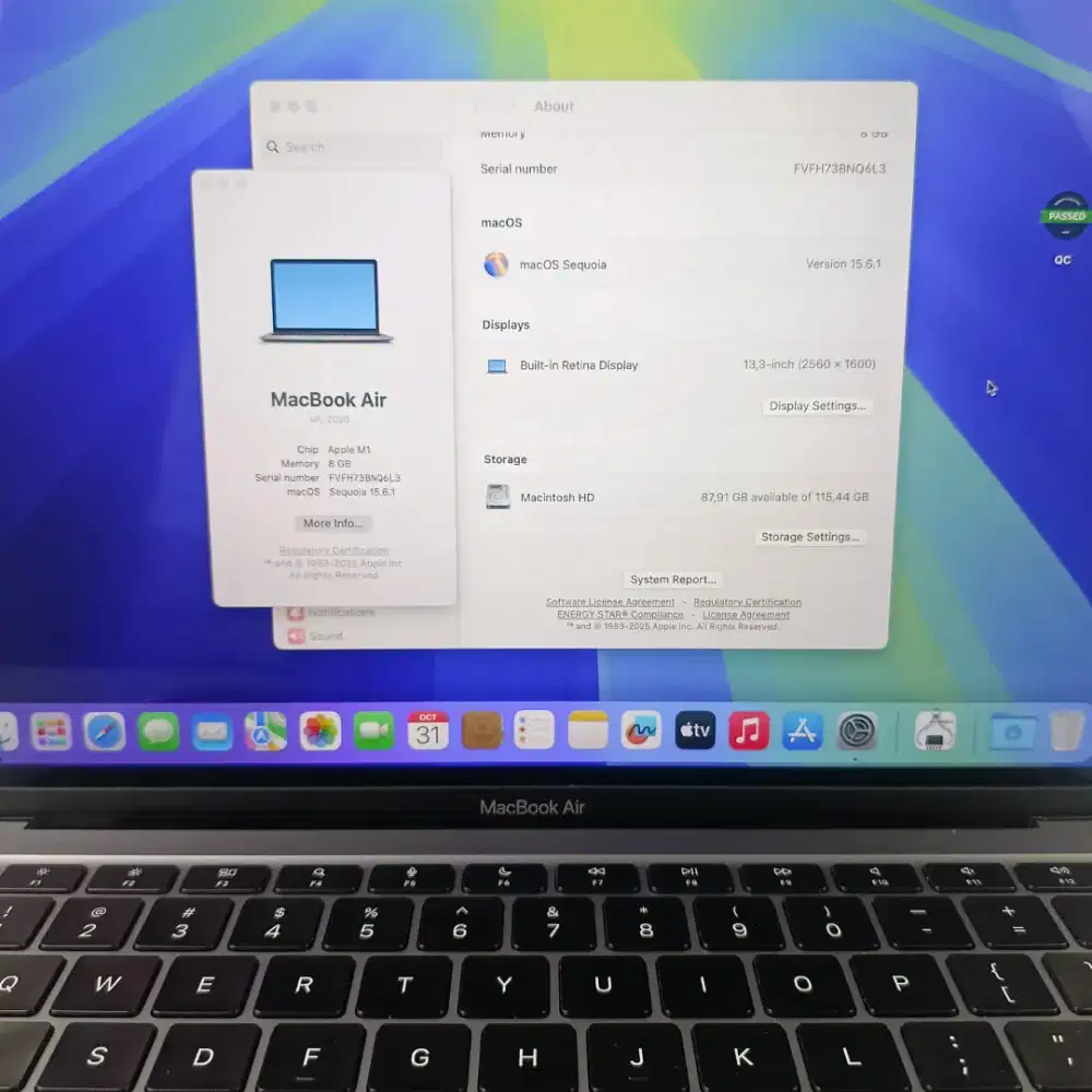 Macbook Air M1 layar 13 inch Ram 8 Ssd 128 Space Grey